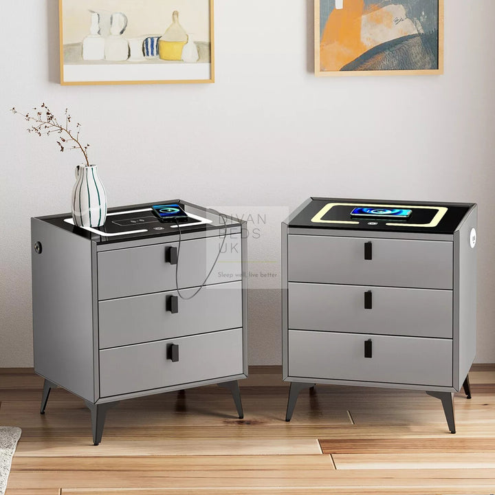 Elara Grey 3 Drawer Smart LED Bedside Table with USB, Type C and Wireless Charging