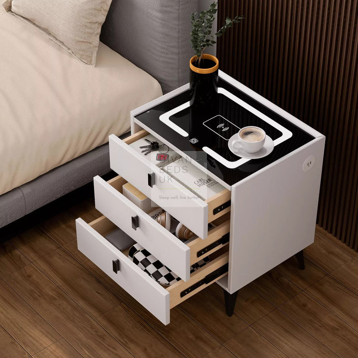 Elara White 3 Drawer Smart LED Bedside Table with USB, Type C and Wireless Charging