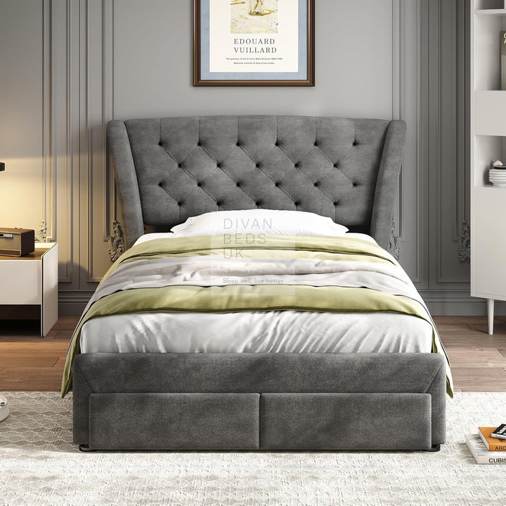 Cipriana Soft Grey Velour Upholstered Wingback Bed with 4 Drawers