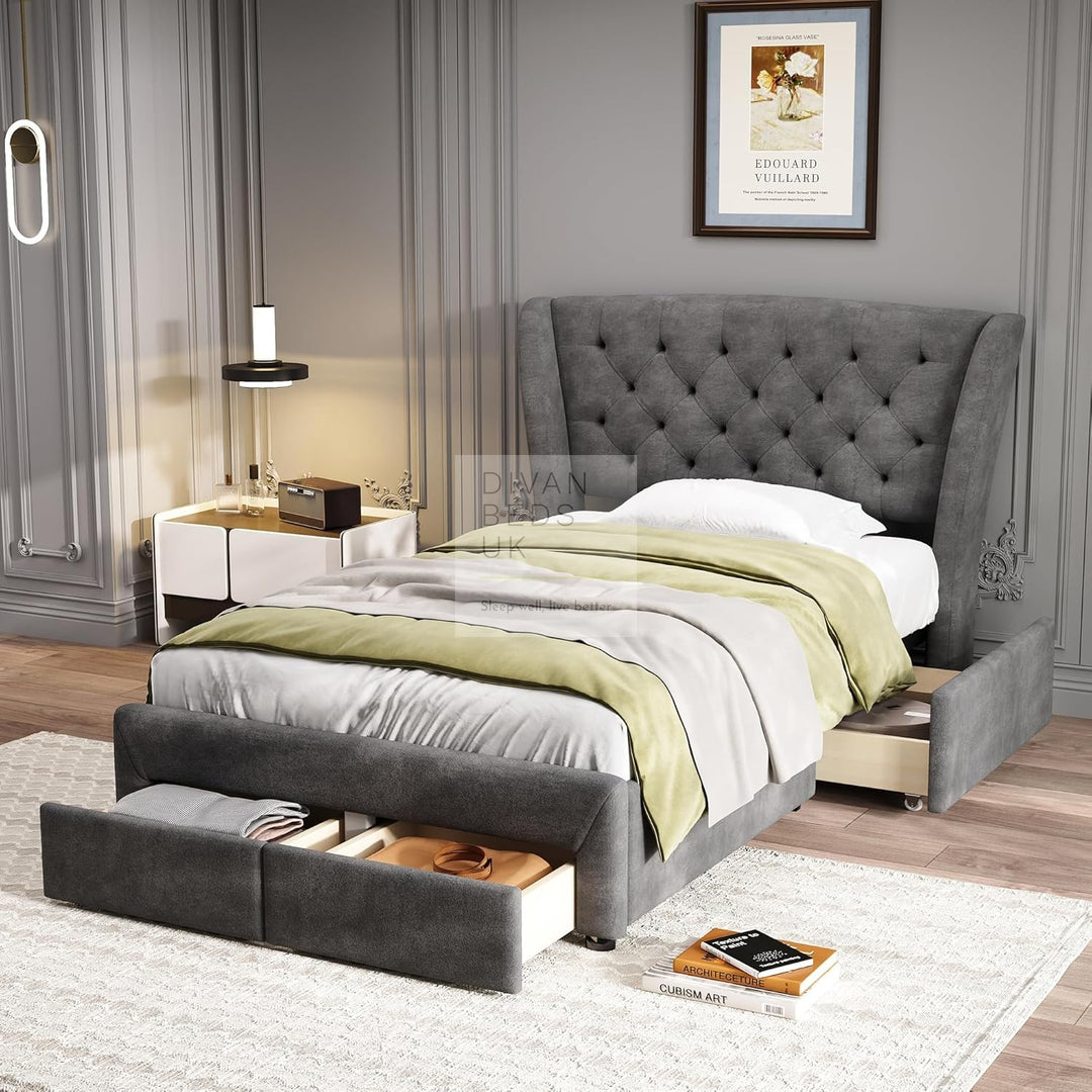 Cipriana Soft Grey Velour Upholstered Wingback Bed with 4 Drawers