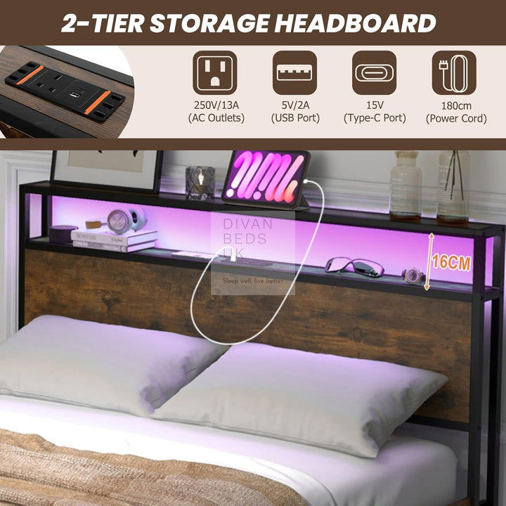 Henry Metal Divan Bed with 4 Drawers with Headboard, Reading Lights & USB Charging