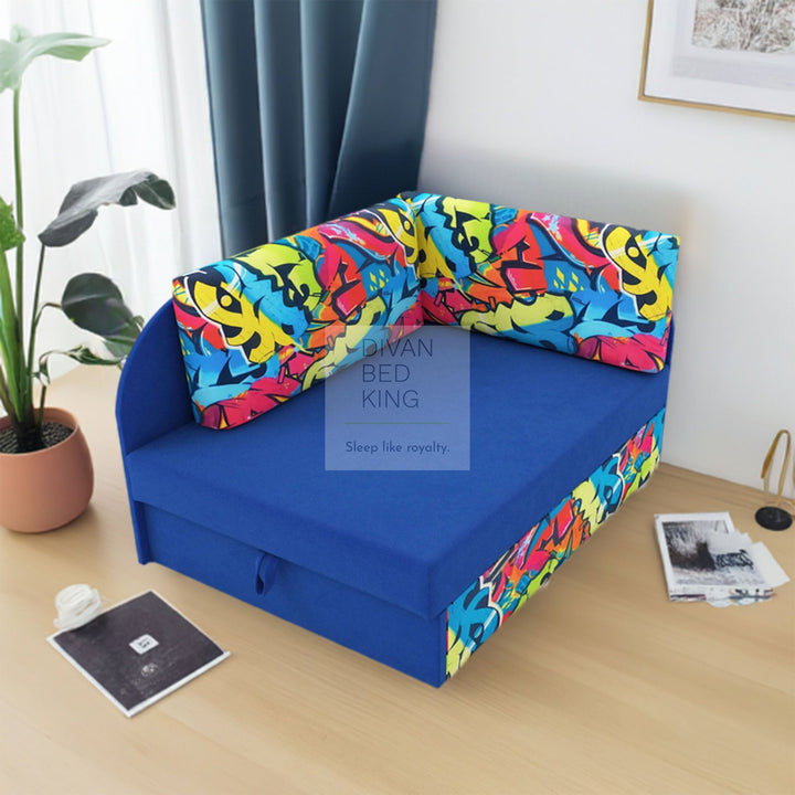 Cuboid Graffiti Blue Cotton Corner 2 Seater Sofa Bed with Storage