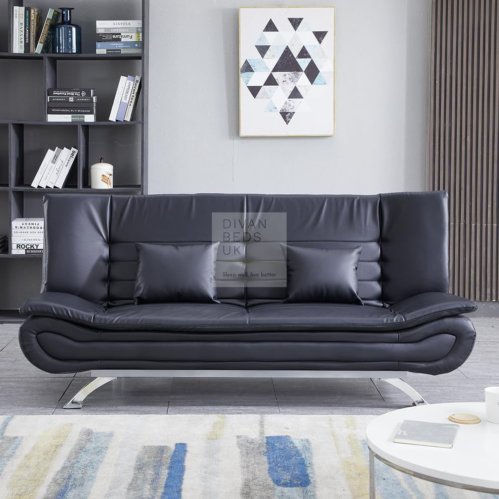 Bryson Black Leather 3 Seater Sofa Bed with Chrome Legs & Matching Pillows