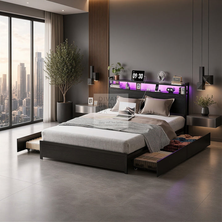 Henry Metal Wooden Hybrid Black Bed with 4 Drawers with Headboard, LED Reading Lights, Sockets, USB, Type C Charging