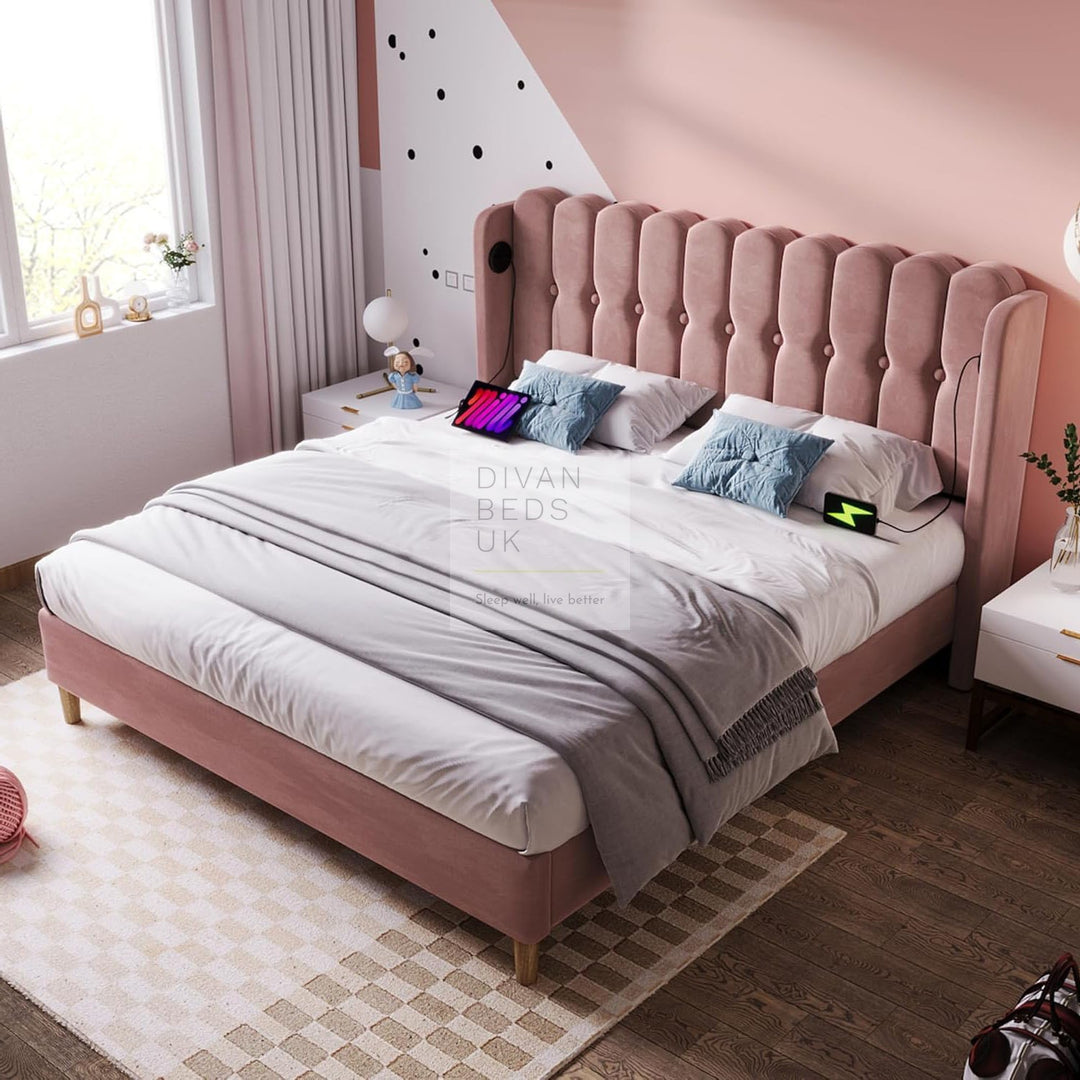 Calabria Wingback Pink Velvet Smart Bed with USB & Type-C Charging Stations on Both Sides