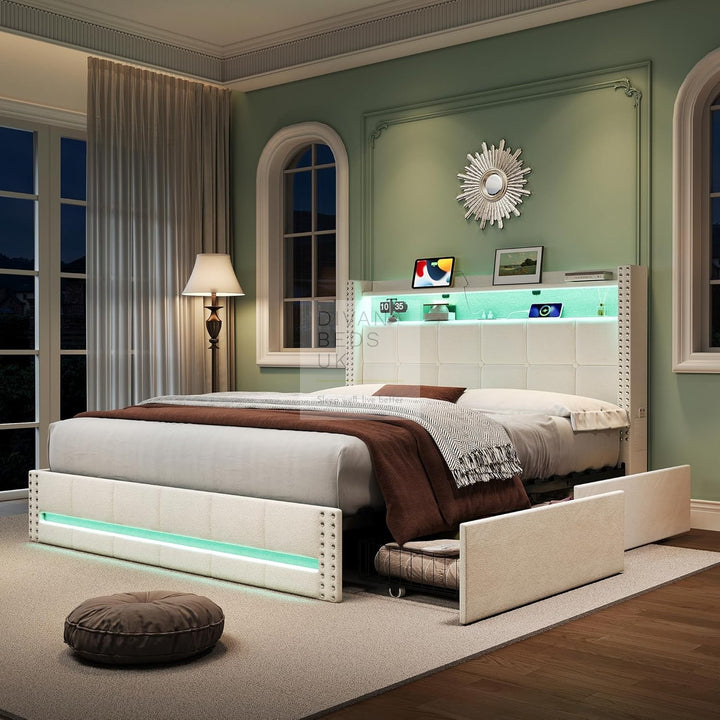 Modena Beige Linen Smart Wingback Bed with 4 Drawer Storage with Charging Station USB Type C on Headboard Storage Shelf