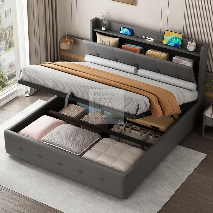 Serafina Grey Leather Ottoman Smart Bed with LED Headboard Storage Charging Station, USB, Type-C Ports