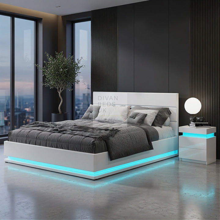 Averie LED White Leather Ottoman Gas Lift Storage Smart Bed