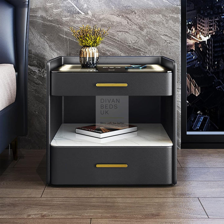 Angora Grey 2 Drawer Smart LED Bedside Table with Wireless Charging