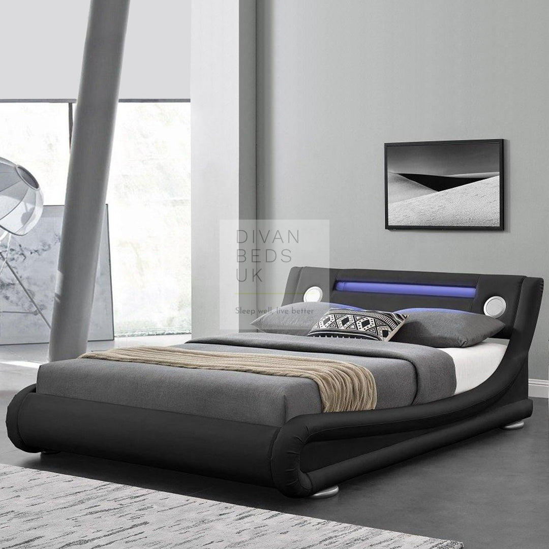 Volo Italian Modern LED Black Leather Bed with Bluetooth Speakers & USB Port