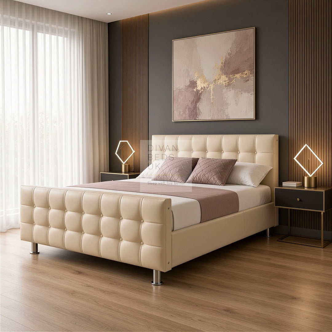Gracelyn Cream Leather Buttoned Cube Bed Frame