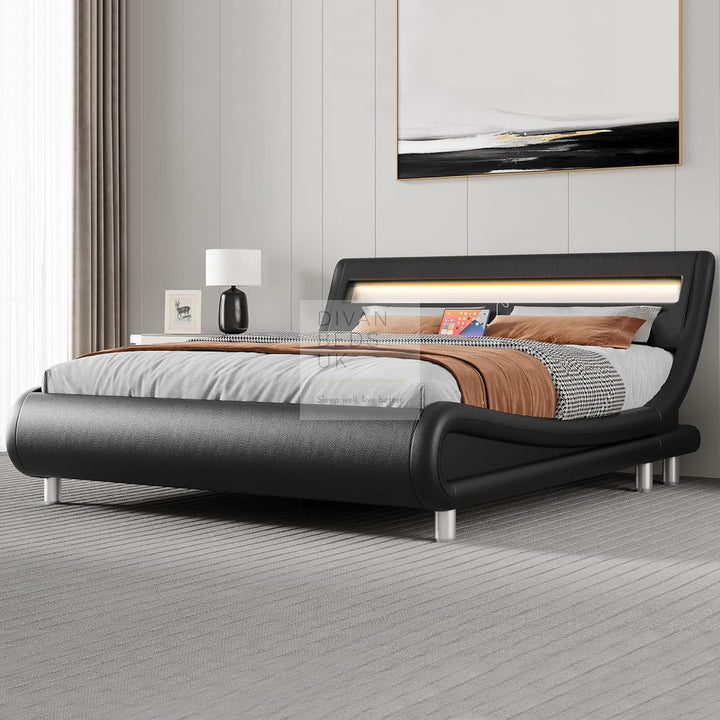 Volo Italian Modern LED Black Leather Bed with Power Outlet, USB & Type C Charging