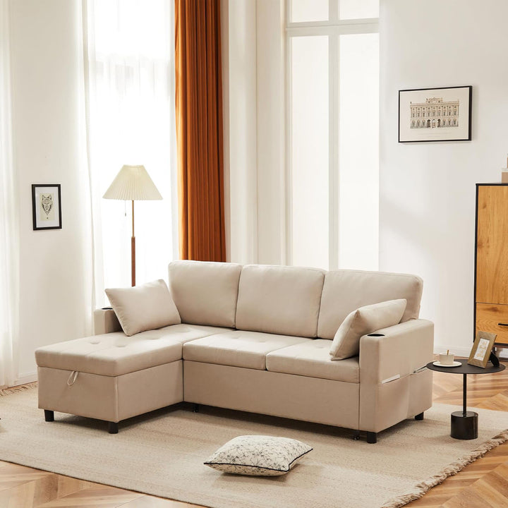 Downtown Beige Linen 4 Seater Ottoman Storage Corner Sofa Bed with Trundle