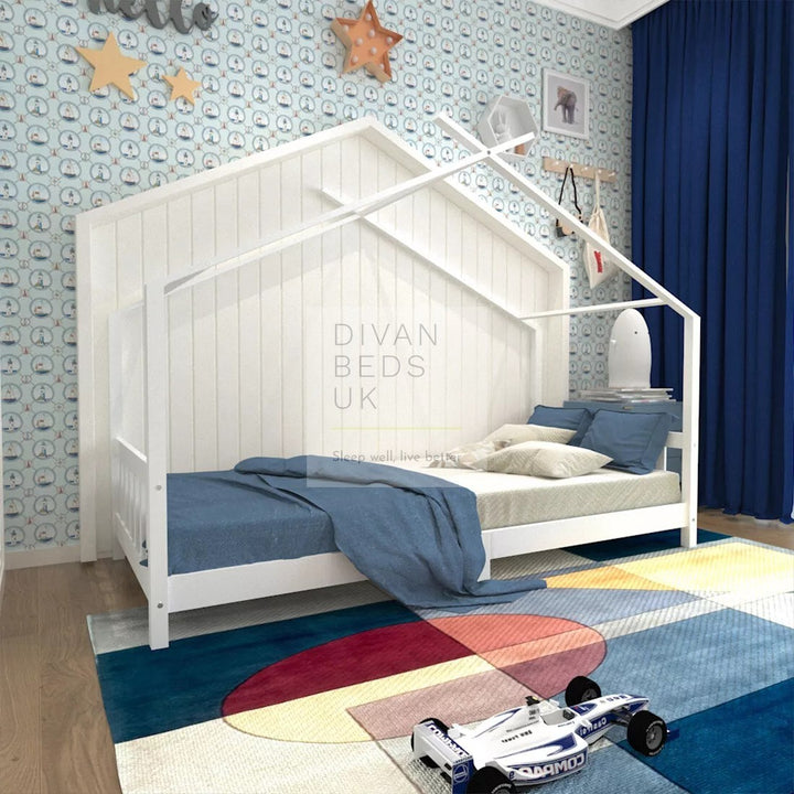 Umberto White Treehouse 3ft Single Bed Wooden with Canopy Kids Sleeper Pine House Low Childs