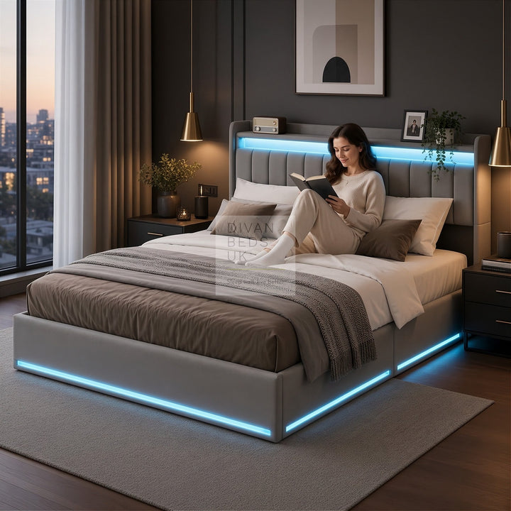 Kairi LED Grey Velvet Ottoman Storage Smart Bed with USB Type C Charging Station on Headboard Storage Shelf
