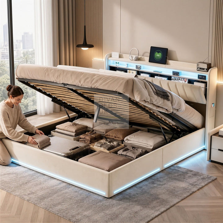 Kairi LED Beige Velvet Ottoman Storage Smart Bed with USB Type C Charging Station on Headboard Storage Shelf