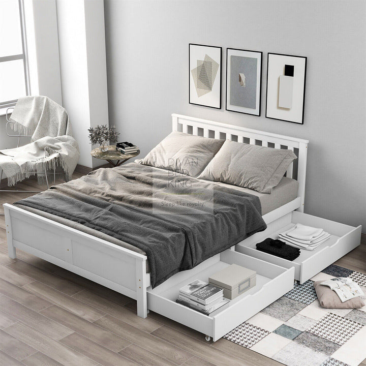 4ft6 Double Florissa White Wooden Bed Frame with 2 Drawers