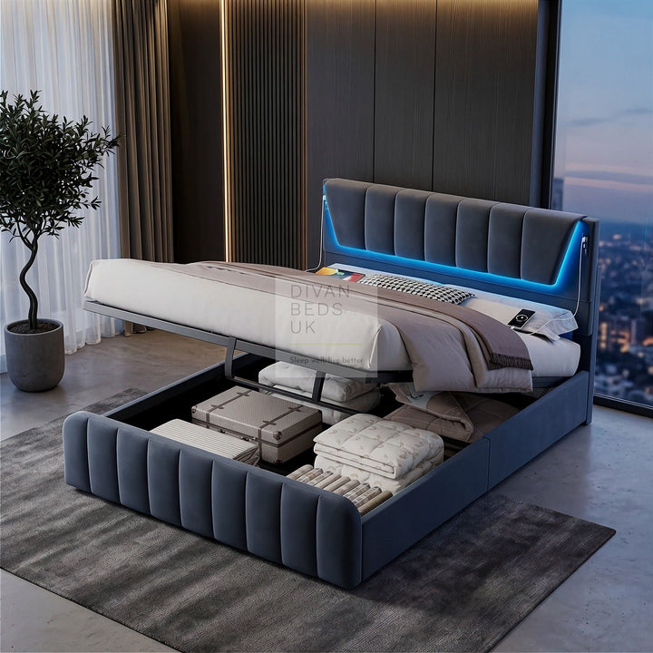 Kamari Ottoman Storage Grey Plush Velvet Smart Bed with with LED Lights, USB and Type-C Charging