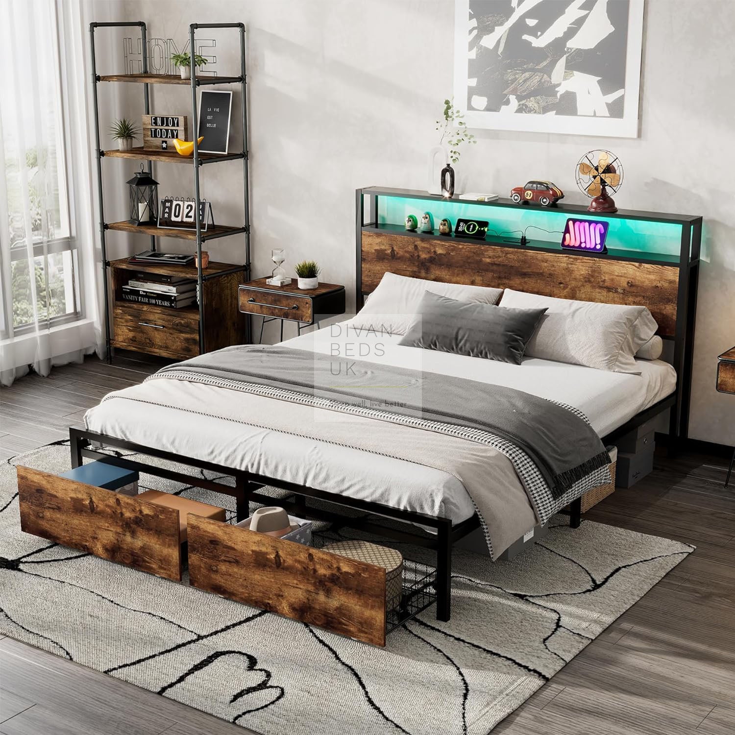 Metal Divan Henry Metal Divan Bed with End Drawers with Smart LED Lights, USB & Ty ...