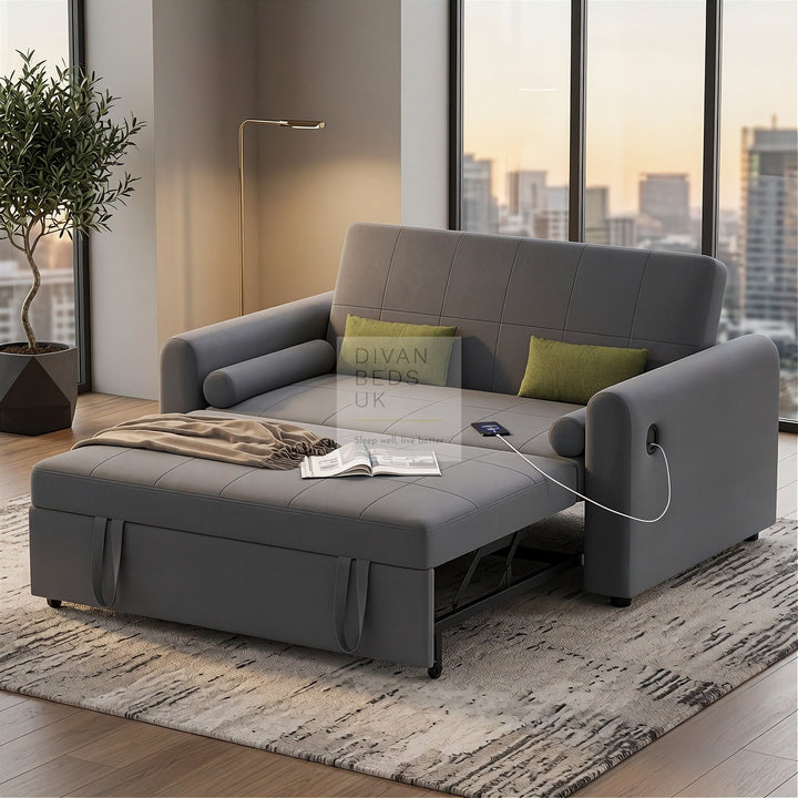 Kimora Dark Grey Linen Smart Daybed Sofa Bed with USB & Type C Charging and Matching Pillows