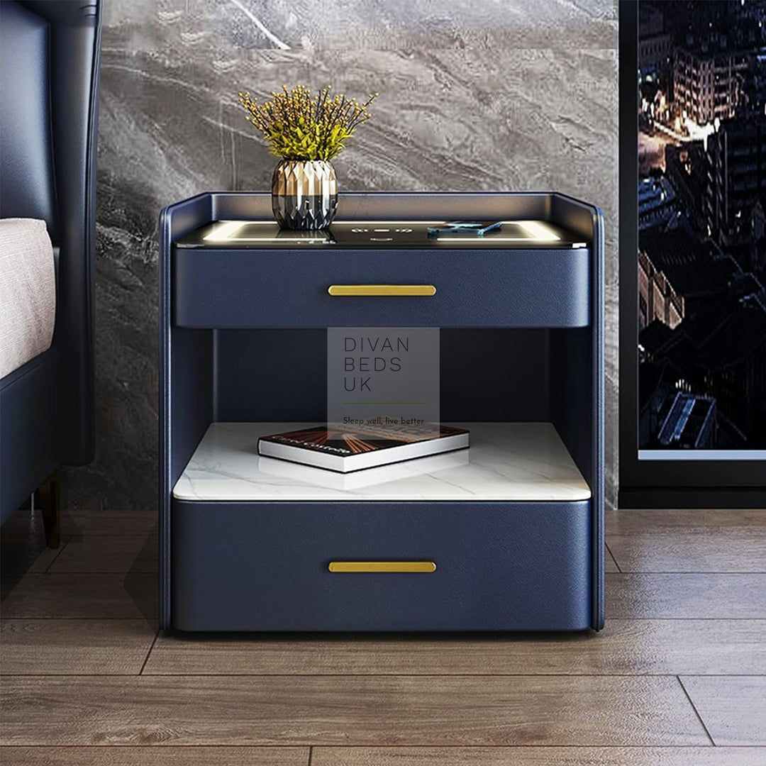 Angora Blue 2 Drawer Smart LED Bedside Table with Wireless Charging