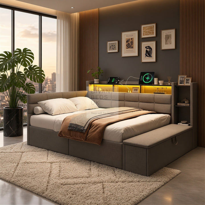 Avayah Grey Linen Smart Daybed Sofa Bed with 2 Drawers, LED Shelves Storage, USB &amp; Type C Charging Station &amp; Storage Box
