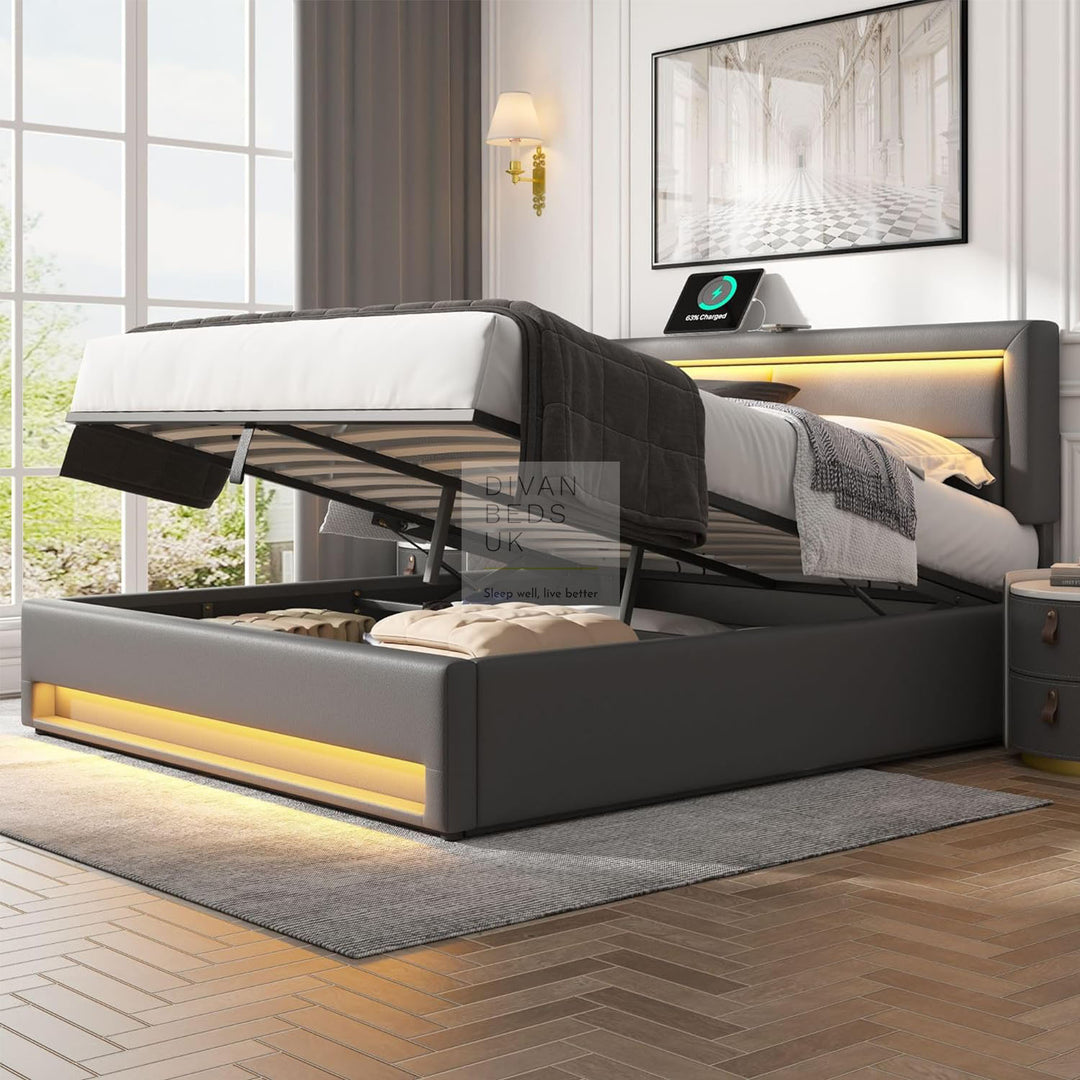 Iris Grey Leather Smart Ottoman Bed with LED Lighting, Type C, USB and Wireless Charging