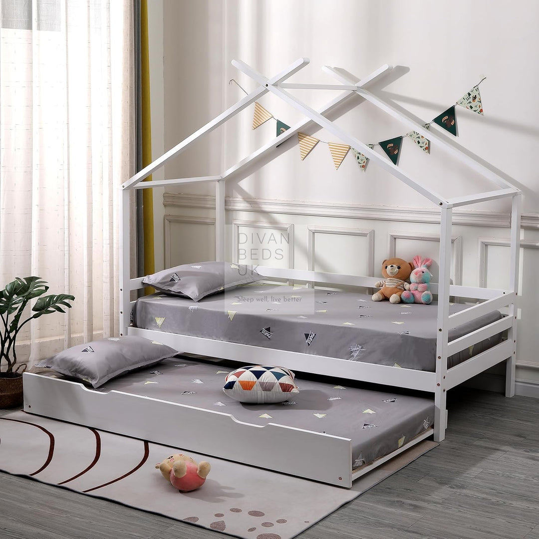 Cabrera White Wooden Treehouse Canopy Bed with Trundle Option Childs Kids