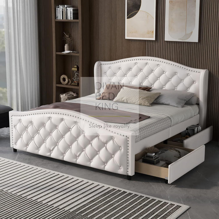 4FT6 Double Royal White Leather Winged Chesterfield Bed Frame with 2 Drawers