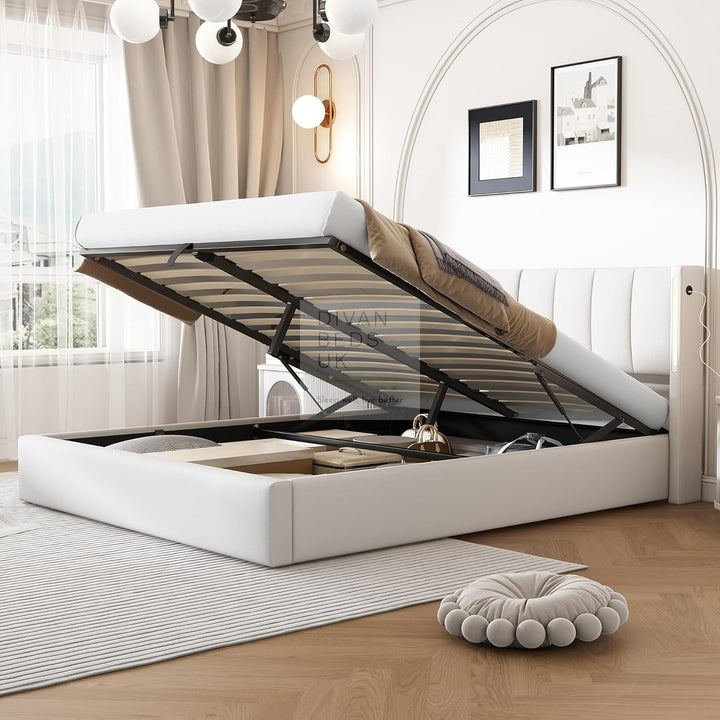 Lochlan White Leather Ottoman Bed with Adjustable Headrest + LED + USB + Type C Charging
