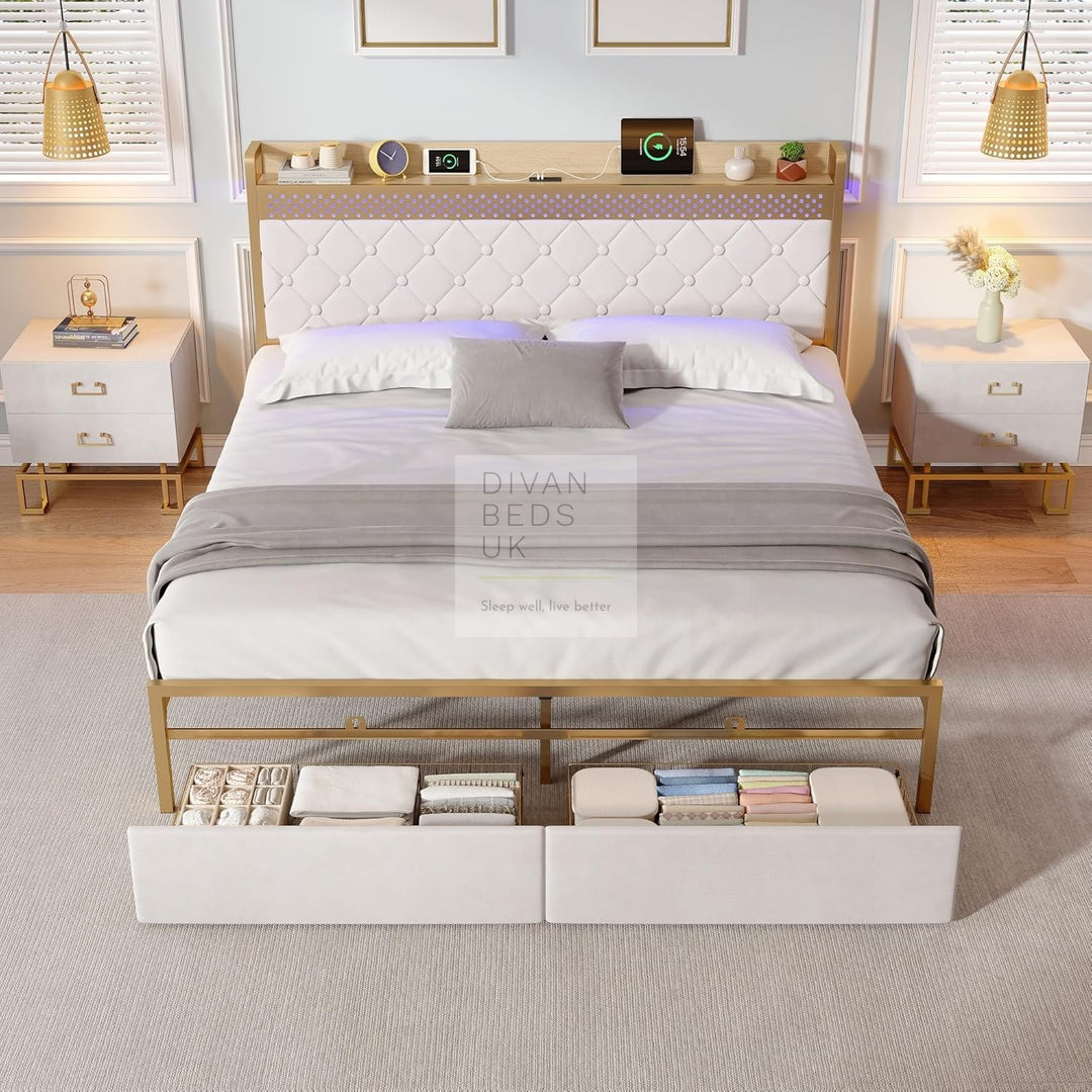 Arellano Winged Biege Velvet LED Metal Smart Bed with 2 Drawers USB, Type-C Charging Storage Headboard Shelf