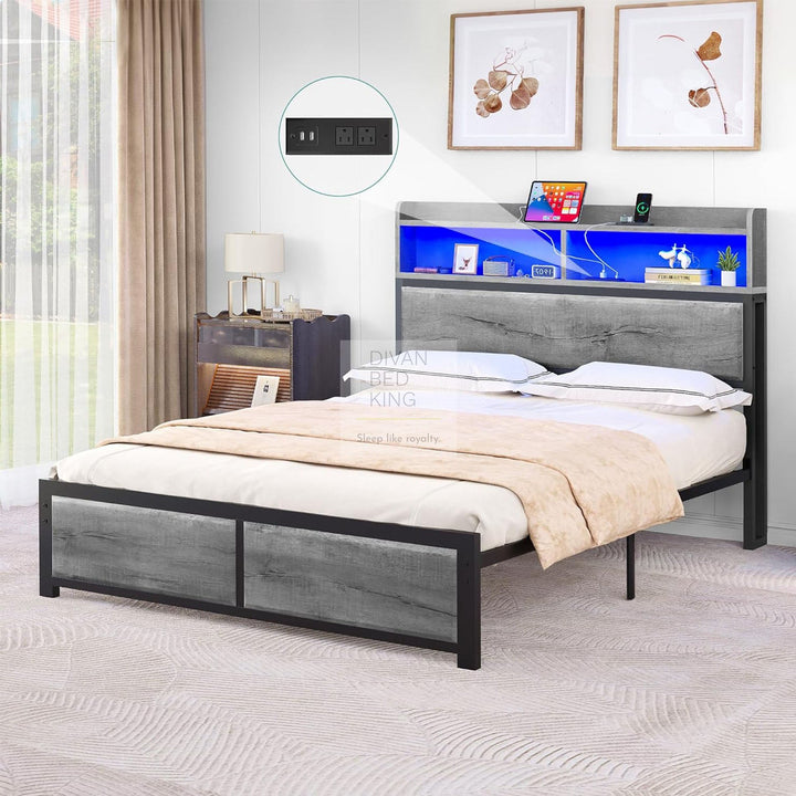 Henry Metal Grey Divan Bed with LED Headboard, Shelves, Sockets and USB Charging Station & Optional Drawers