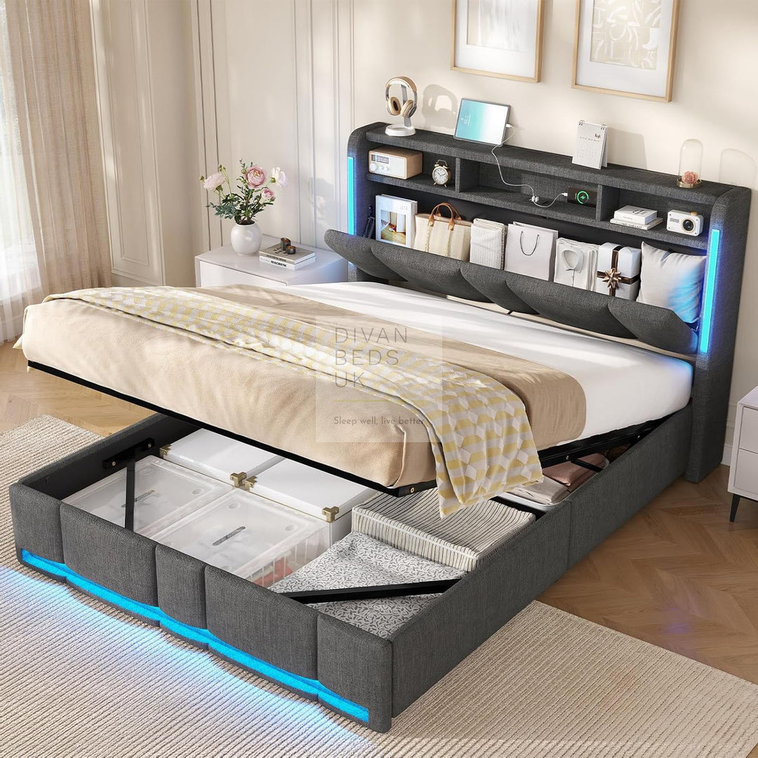 Castellano Grey Linen Ottoman Storage Bed with LED Lights, Type C and USB Charging Headboard Storage Shelf