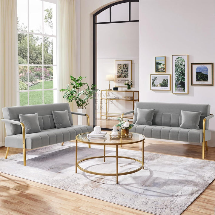 Parisa Grey Velvet Velour 2 Seater Sofa with Gold Metal Legs