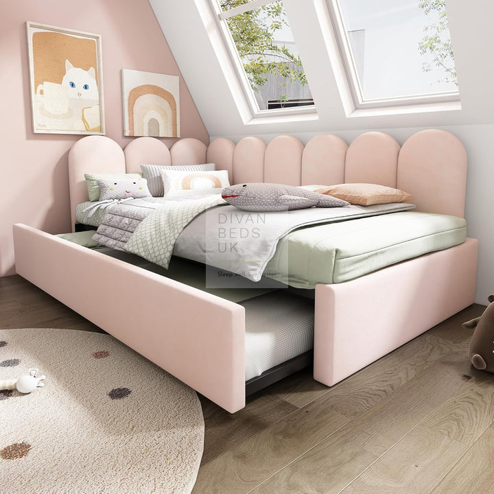 Novara Pink Plush Velvet Convertible Corner 2 Seater Daybed Sofa Bed Couch with Trundle