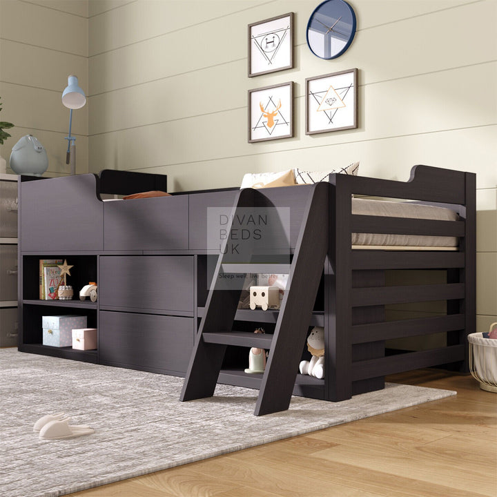 Zenda Black Wooden Cabin Mid Sleeper Bed Storage with Drawers and Shelves