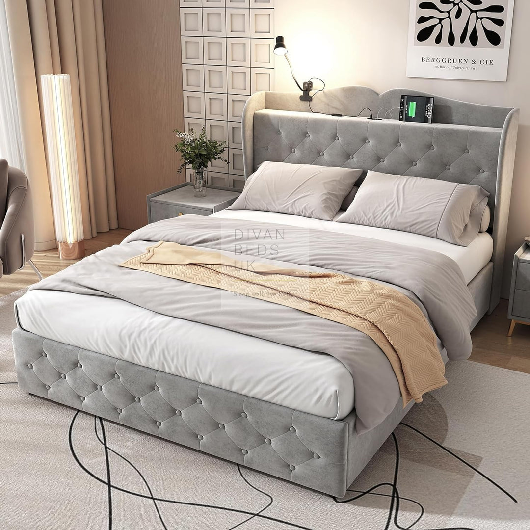 Kendra Grey Velvet Smart Wingback Bed with 4 Drawer Storage with Charging Station USB / Type C & Lamp on Headboard Storage Shelf
