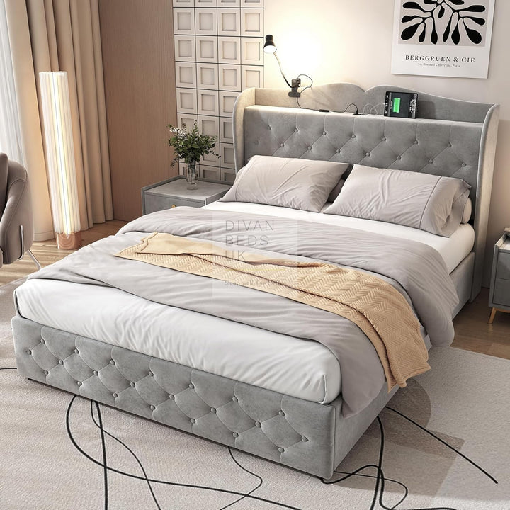 Kendra Grey Velvet Smart Wingback Bed with 4 Drawer Storage with Charging Station USB / Type C & Lamp on Headboard Storage Shelf