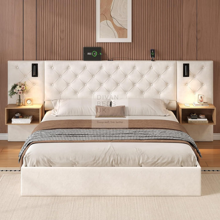 Arellano Beige Velvet Oversized Headboard Ottoman Storage Bed with Integrated Bedside Shelves, Power Outlets, USB & Type C Ports