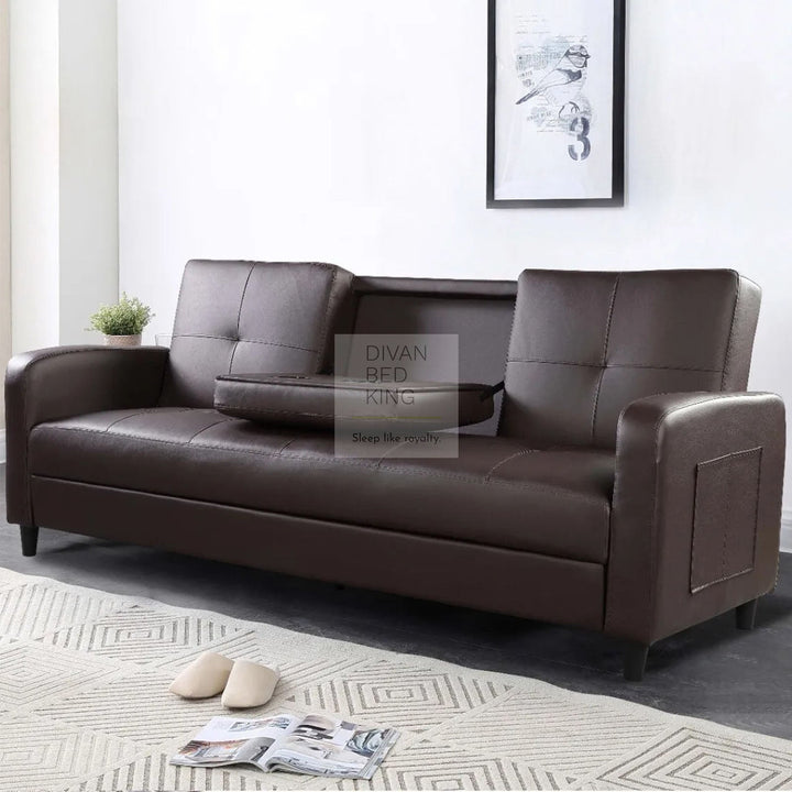 Salazar Brown Leather 3 Seater Sofa Bed with Cup Holders, Armrest and Side Storage Pockets