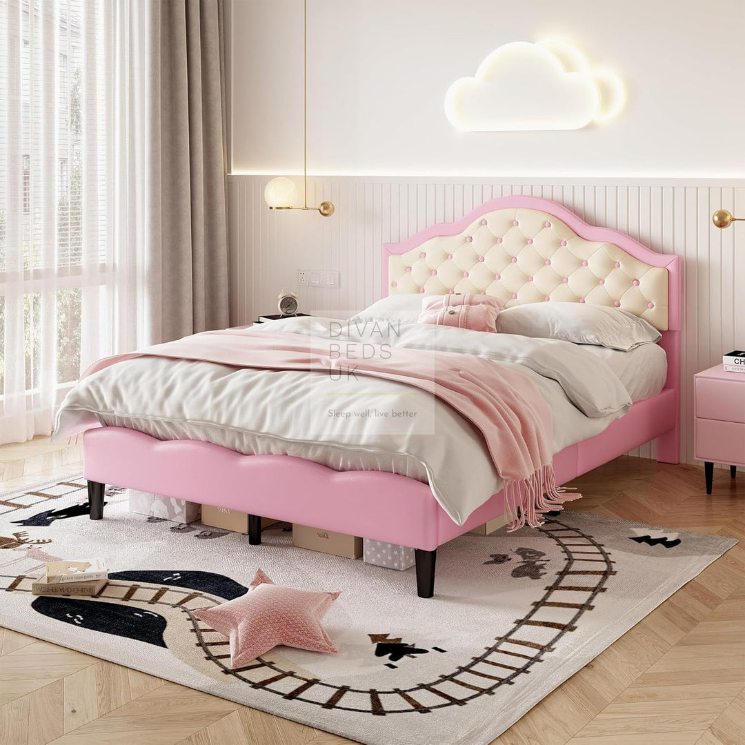 La Ville Rose Chesterfield Pink Beige Plush Bed Frame with Adjustable Headboard