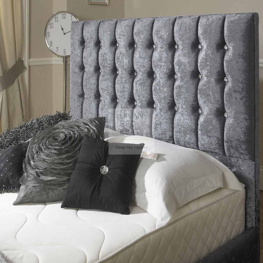 Karina Button Panel Design Grey Crushed Velvet Floor Standing Divan Bed Headboard