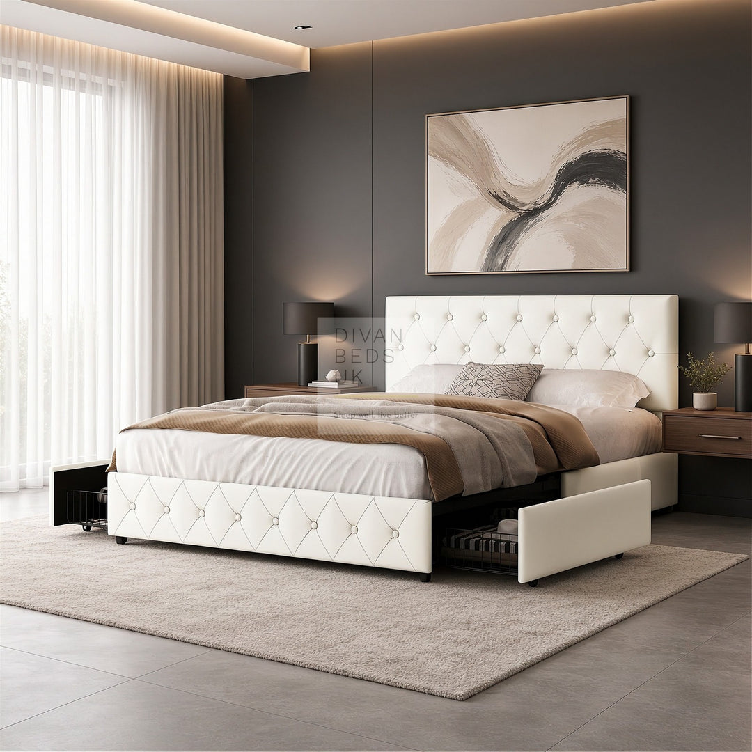 Emma Cream Leather 2 Drawer Buttoned Bed Frame