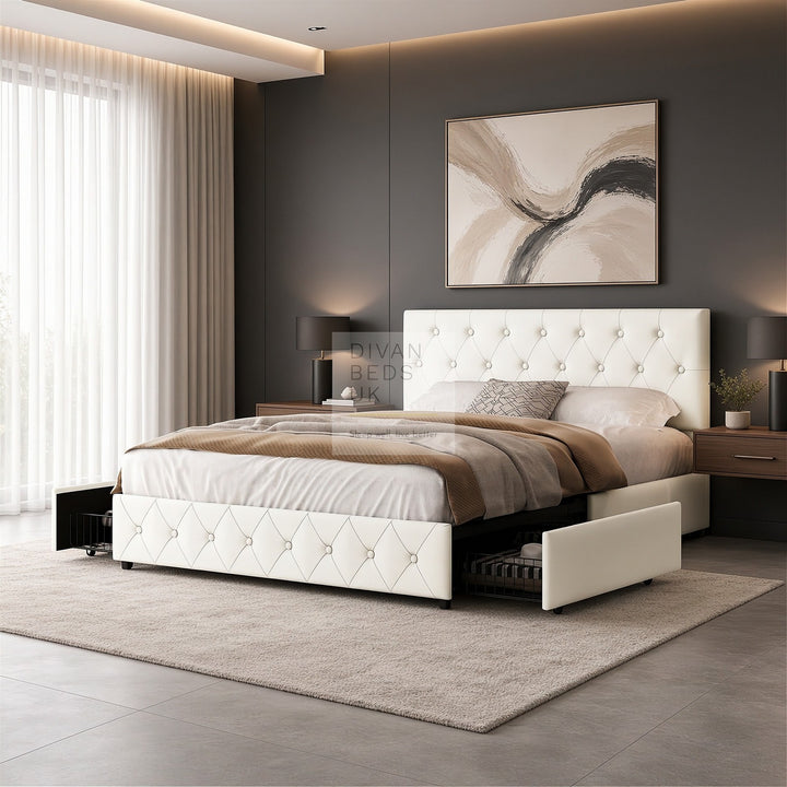 Emma Cream Leather 2 Drawer Buttoned Bed Frame