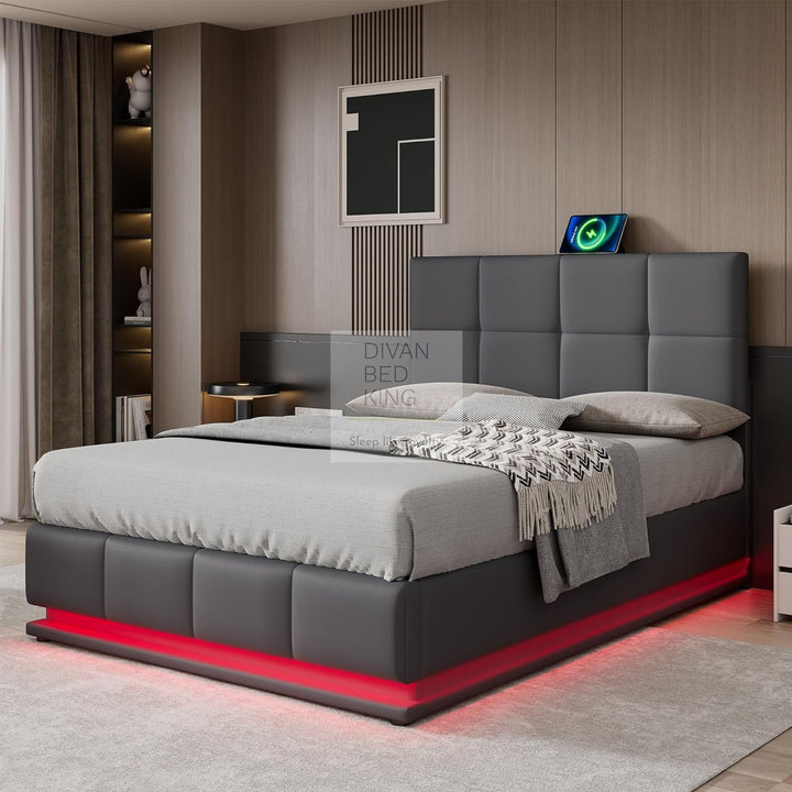 Dario Grey Leather LED Ottoman Storage Bed with Adjustable Headboard