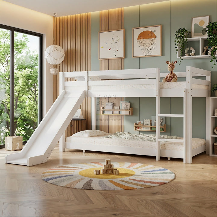 Jefferson White Wooden Bunk Bed Midsleeper with Slide and Adjustable Trundle
