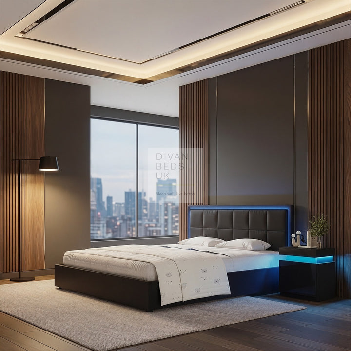 Hiley LED Black Leather Ottoman Gas Lift Storage Bed Frame