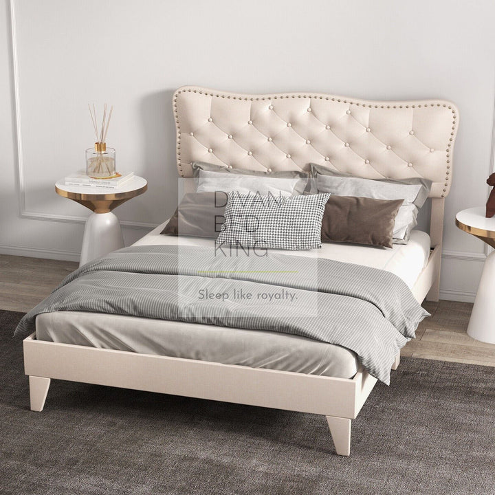 Gatsby Beige Cream Linen Bed with Buttoned Headboard