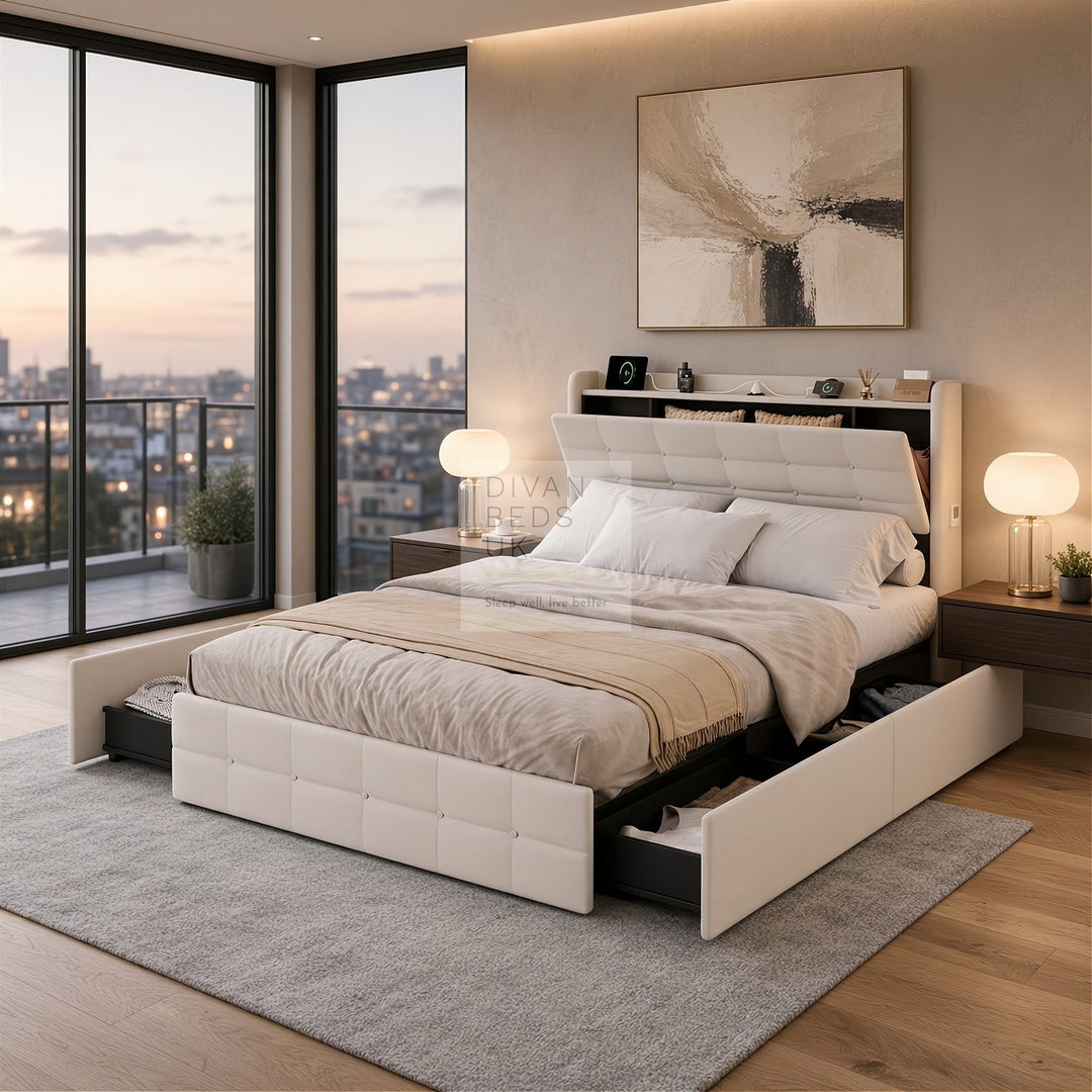 Vicente 4 Drawer Soft Beige Velvet Smart Bed with LED Lights, Type C and USB Charging Adjustable Headboard Shelf