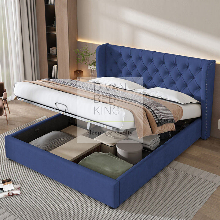 Serenity 4FT6 Double Blue Plush Velvet Wingback Ottoman Storage Bed Frame